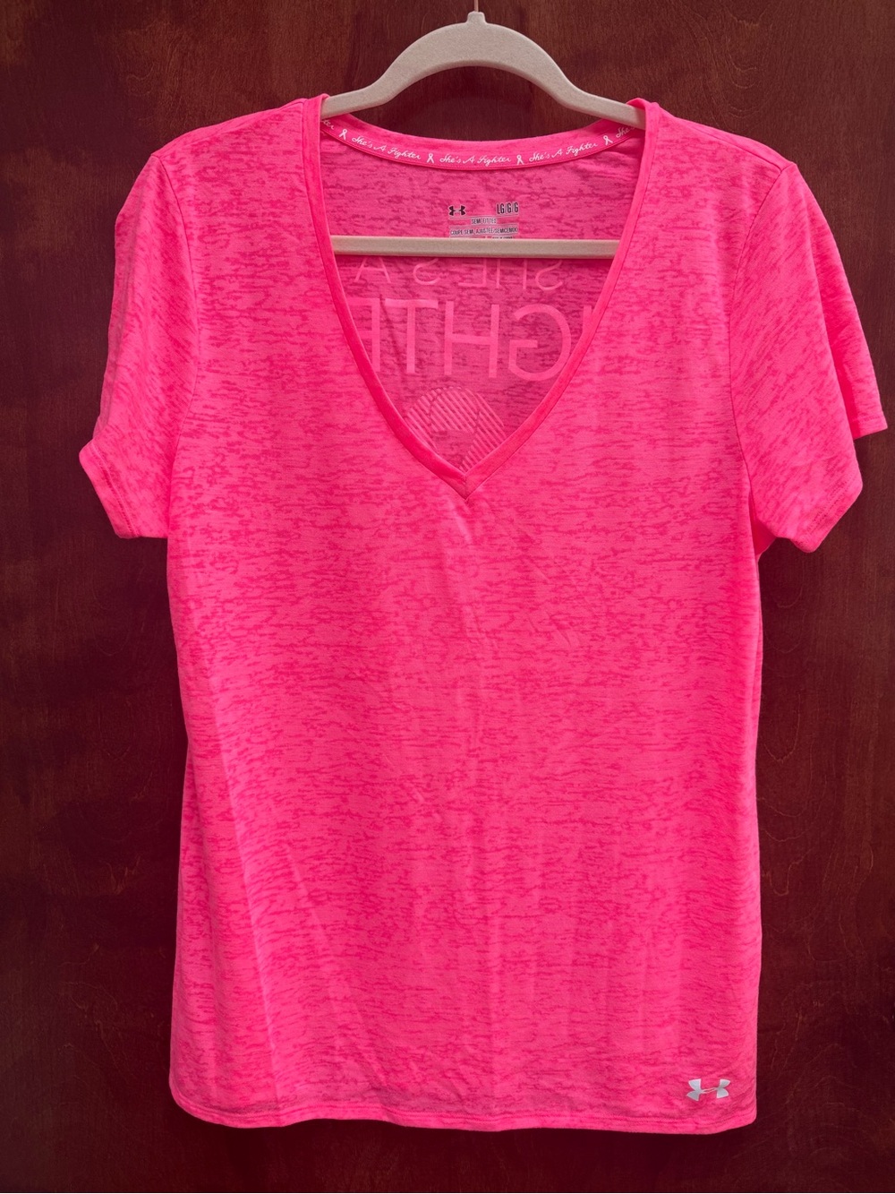 Under Armour Women's “She’s A Fighter”Fluorescent Pink Heat Gear Tee